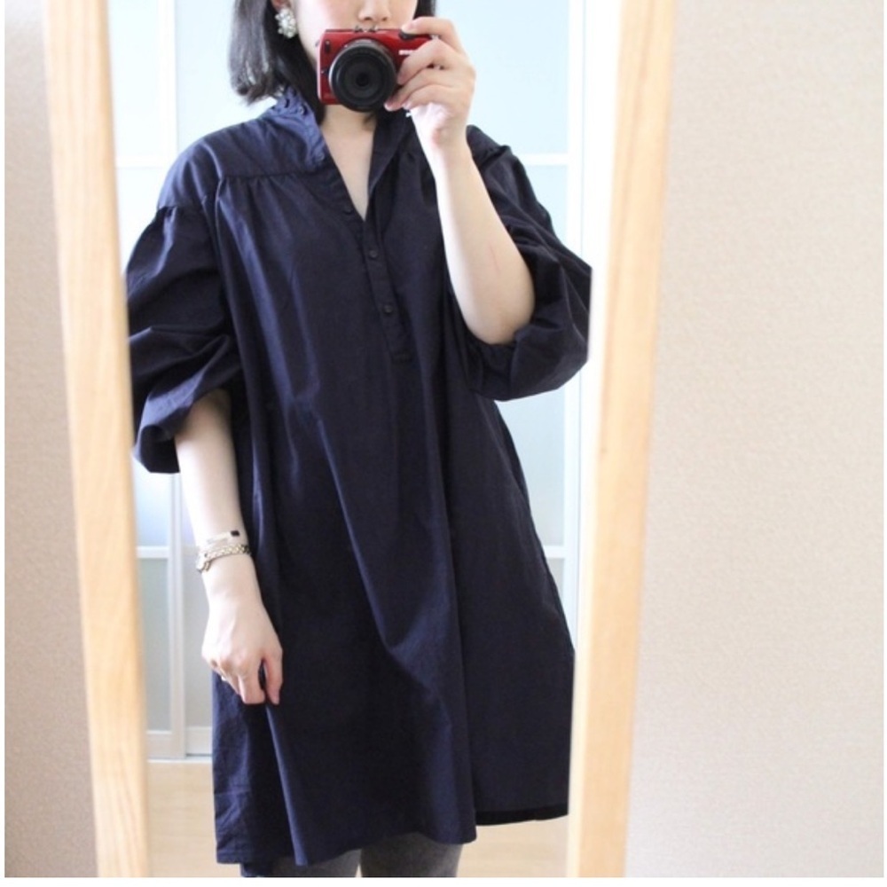 UNIQLO X TOMAS MAIER Cotton Poplin Gathered Long Sleeve Babydoll Dress Navy XS